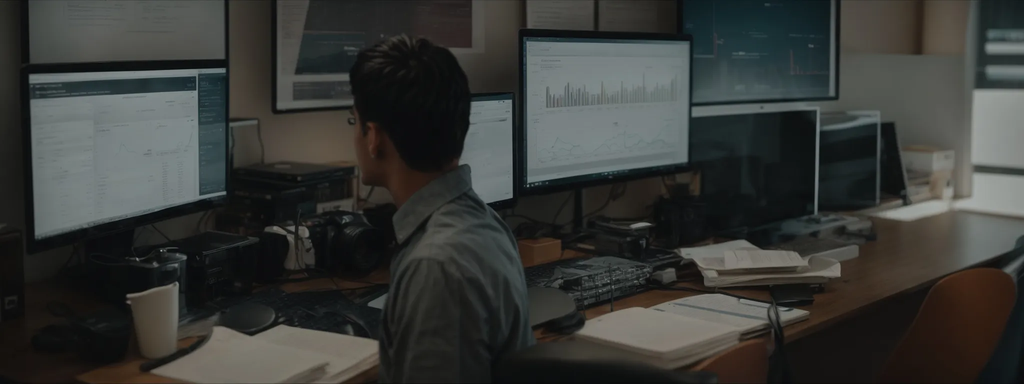 a person at a desk with a computer, surrounded by analytics charts and seo strategy documents.