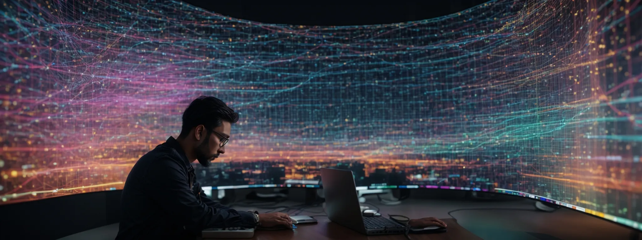 a digital marketer intently studies a colorful network graph on a large monitor, illustrating the complex connections between a central website and its myriad outlinks.