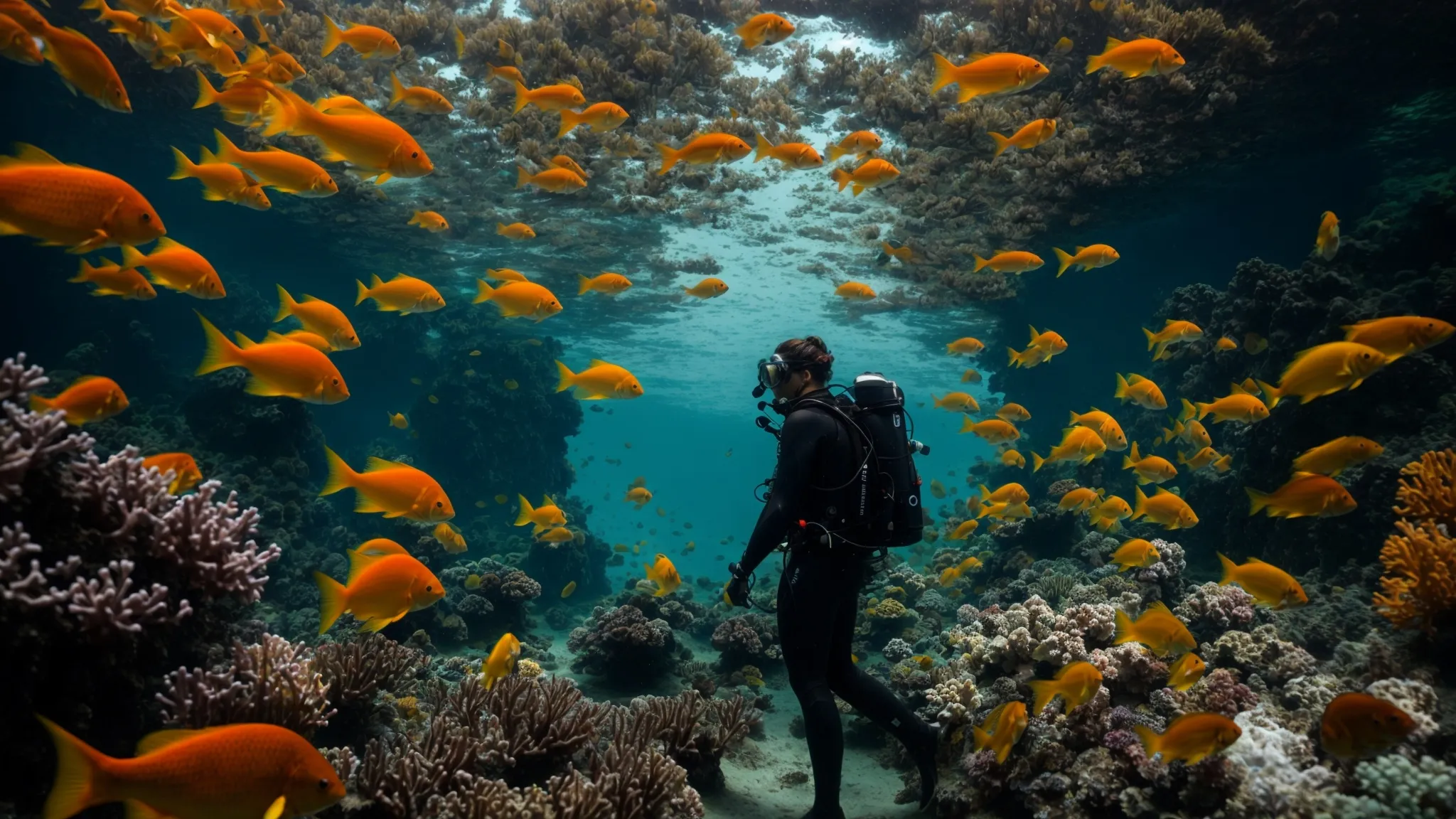 a person in diving gear explores the vibrant aquatic underworld among coral reefs and schools of fish.
