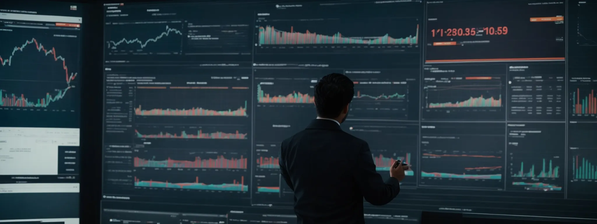a marketer reviews analytics on a large screen displaying a website's traffic metrics.