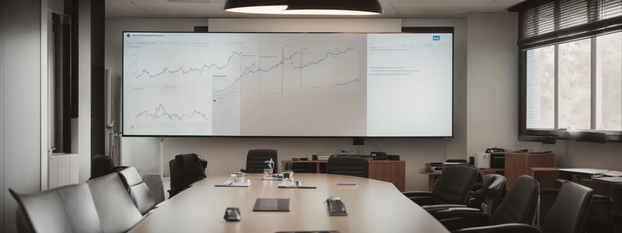 a strategic meeting room with a whiteboard illustrating a step-by-step plan and a computer displaying a graph of increasing website traffic.