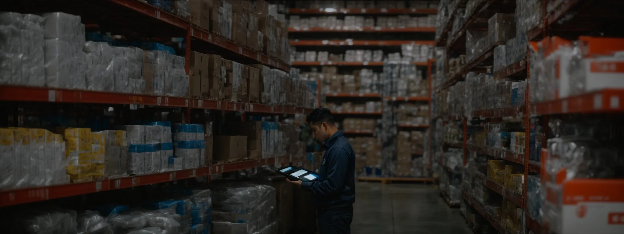 a warehouse worker reviews a digital inventory management system on a tablet amidst rows of shelves with various products.