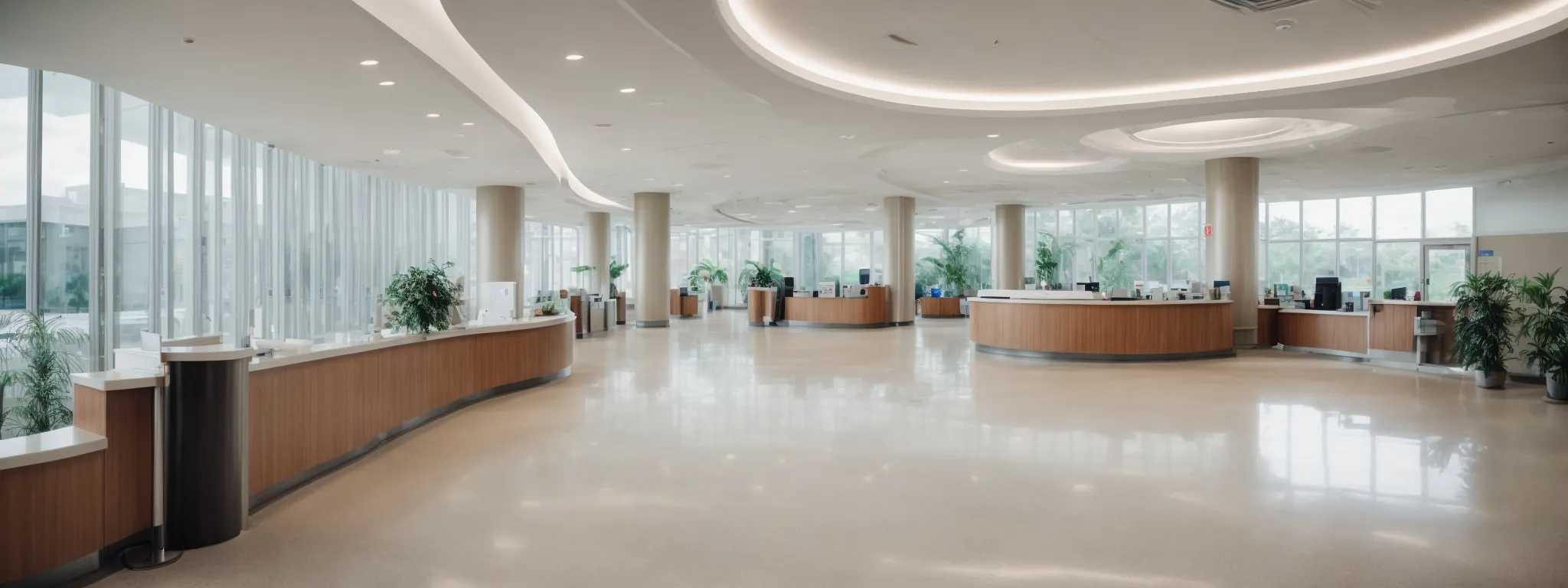 a panoramic view of a modern, airy hospital lobby with an information desk but devoid of any visible text or logos.