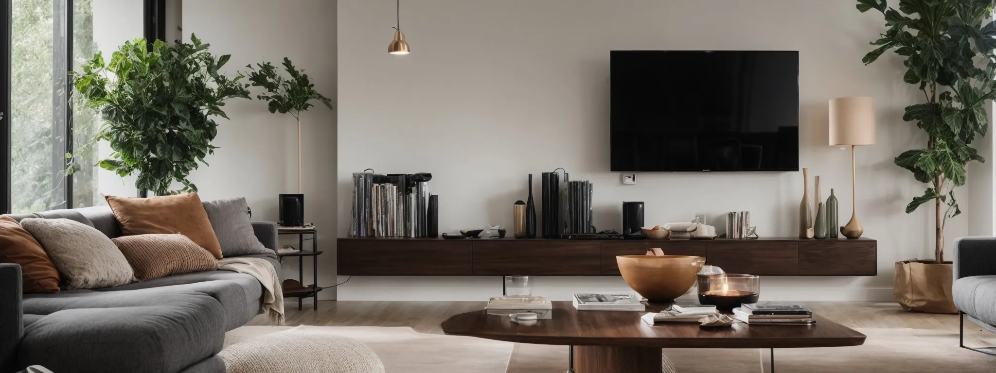 a modern living room with an idle smart tv screen amidst comfortable furnishings.