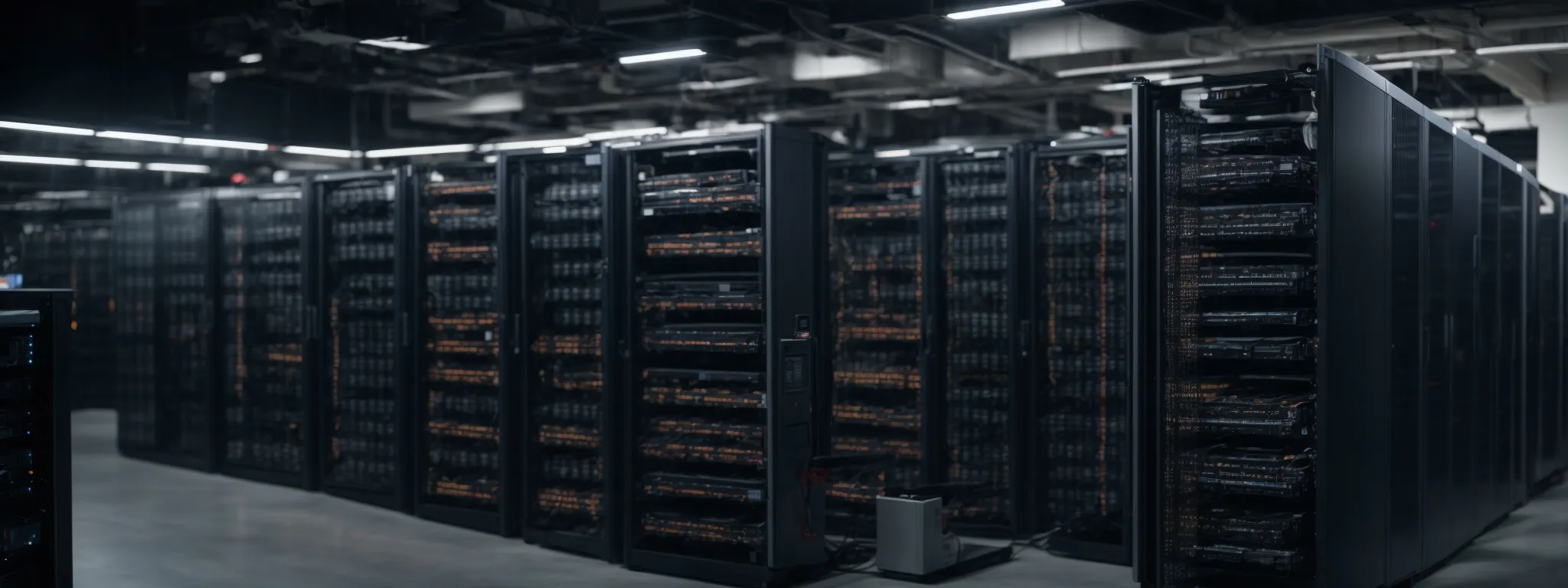 a server room with rows of computer hard drives indicating data processing related to machine learning and seo analysis.