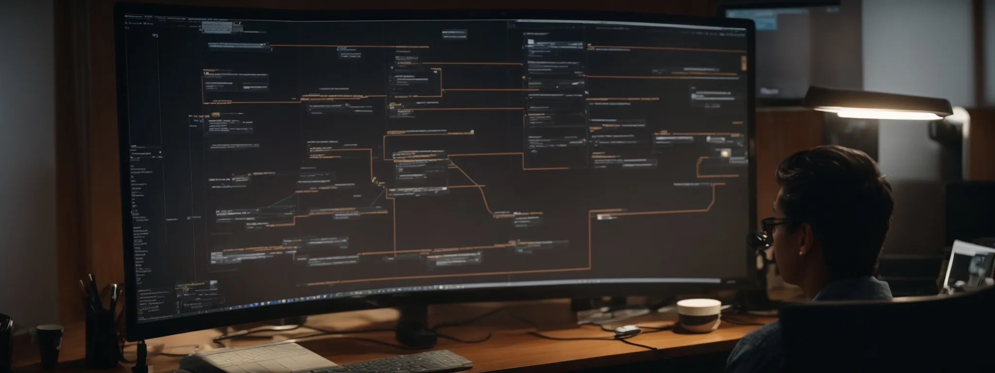 a webmaster sits before a computer displaying a flowchart of website pagination with arrows connecting various web pages.