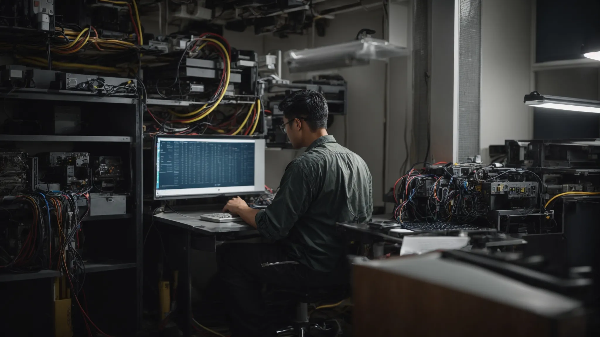 a person works on a computer while hvac equipment sits in the background, symbolizing the digital strategy behind successful hvac companies.