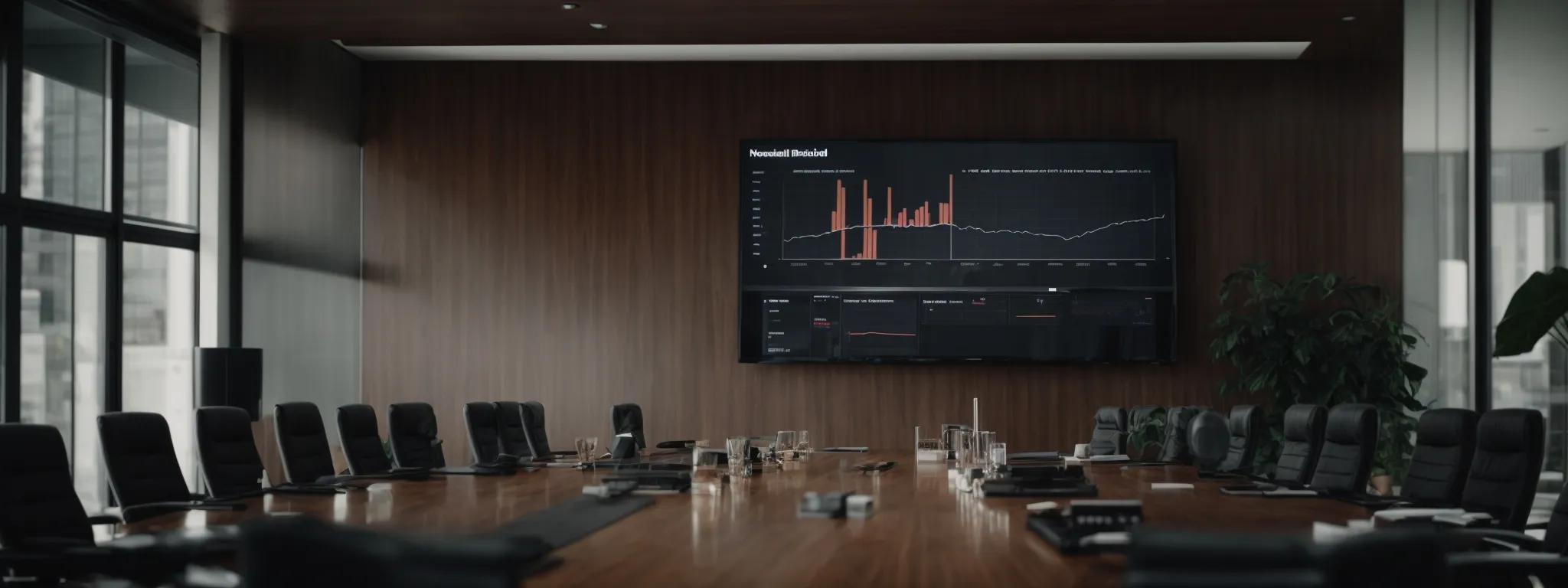 a boardroom with a large screen displaying a graph showing upward growth trends.