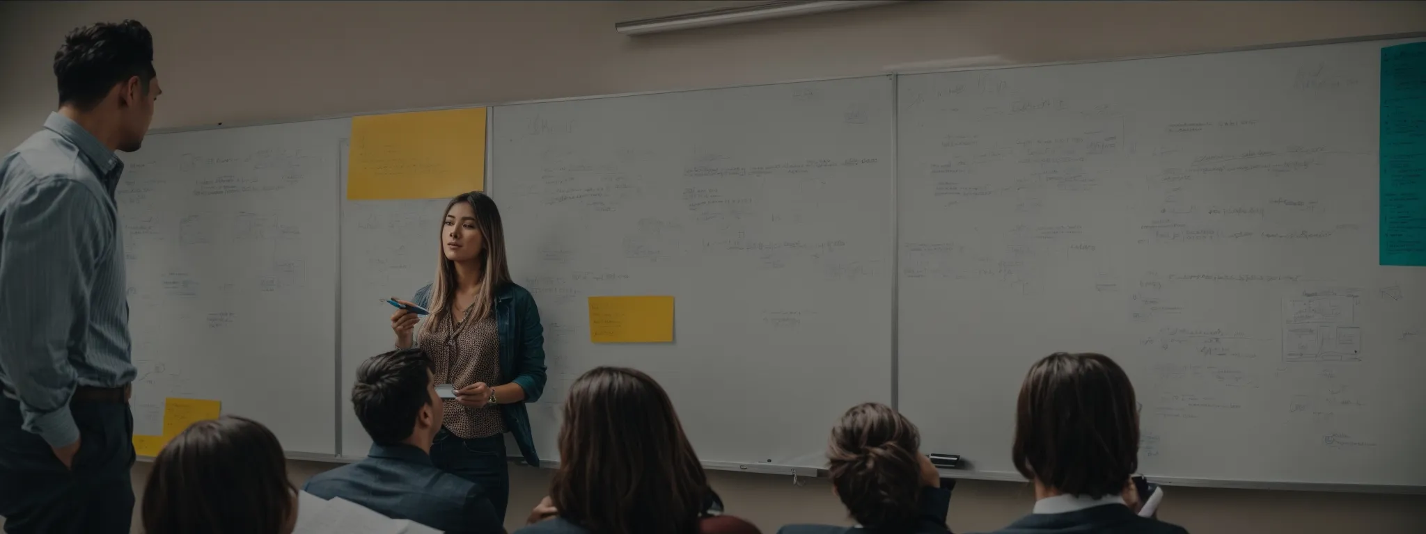 a team strategizing over a large content planning outline on a whiteboard.