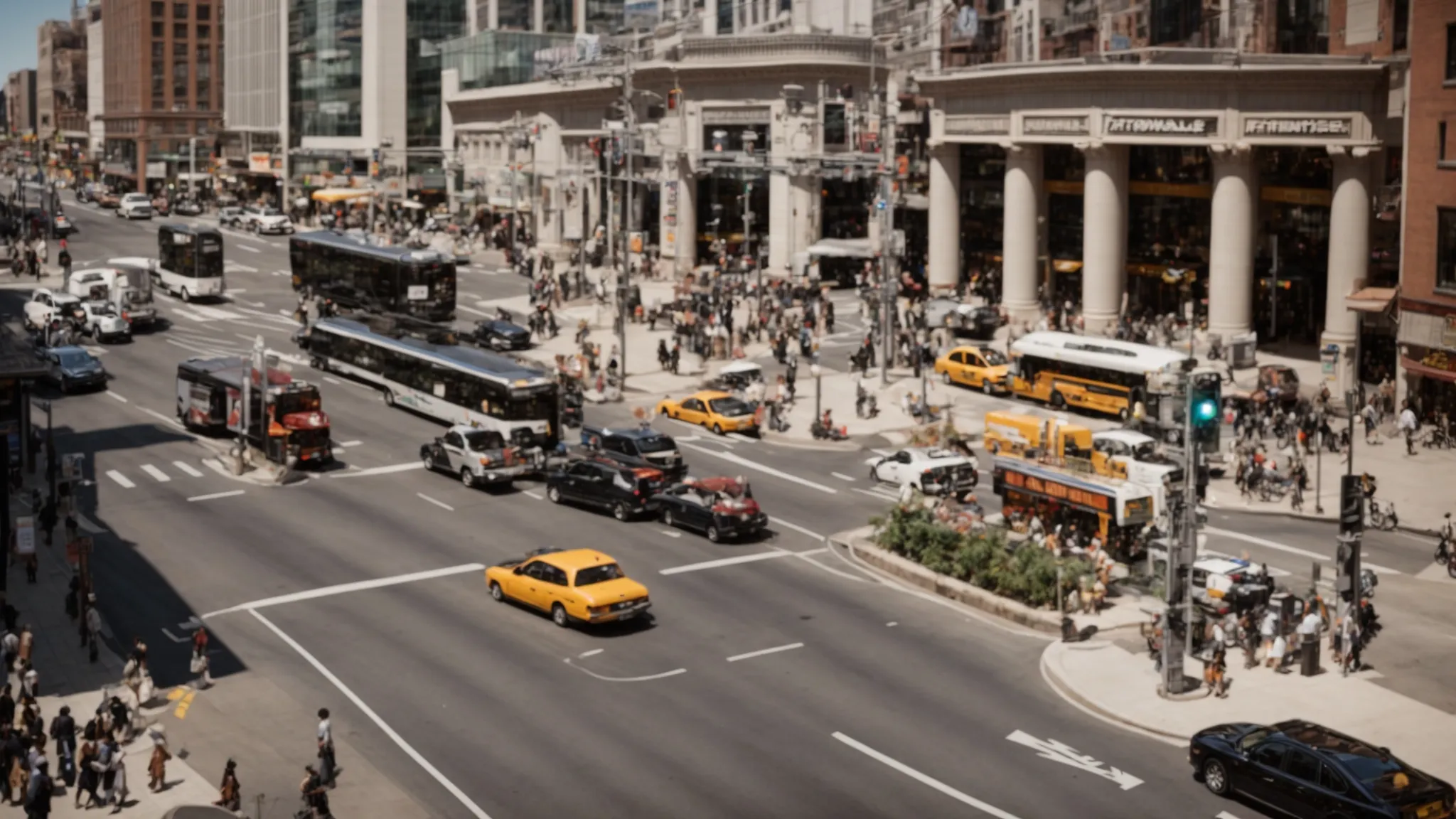 a bustling metropolitan intersection with diverse businesses on a sunny day.