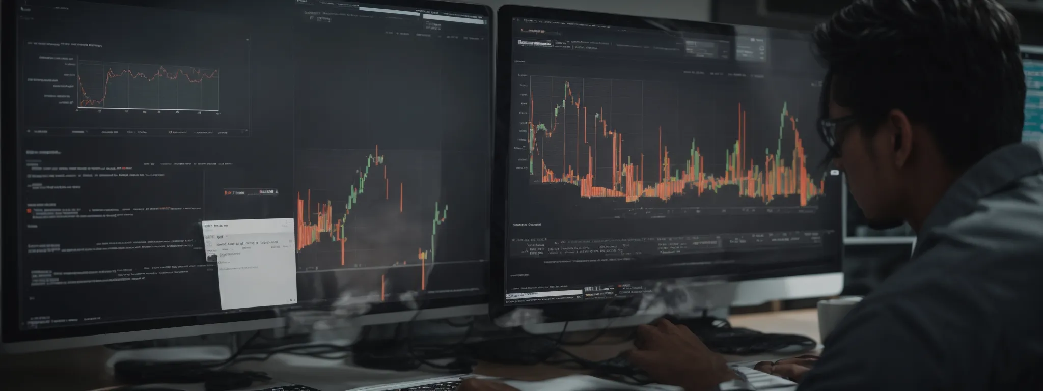 a webmaster attentively analyzes their website analytics on a computer screen, strategizing link building opportunities.