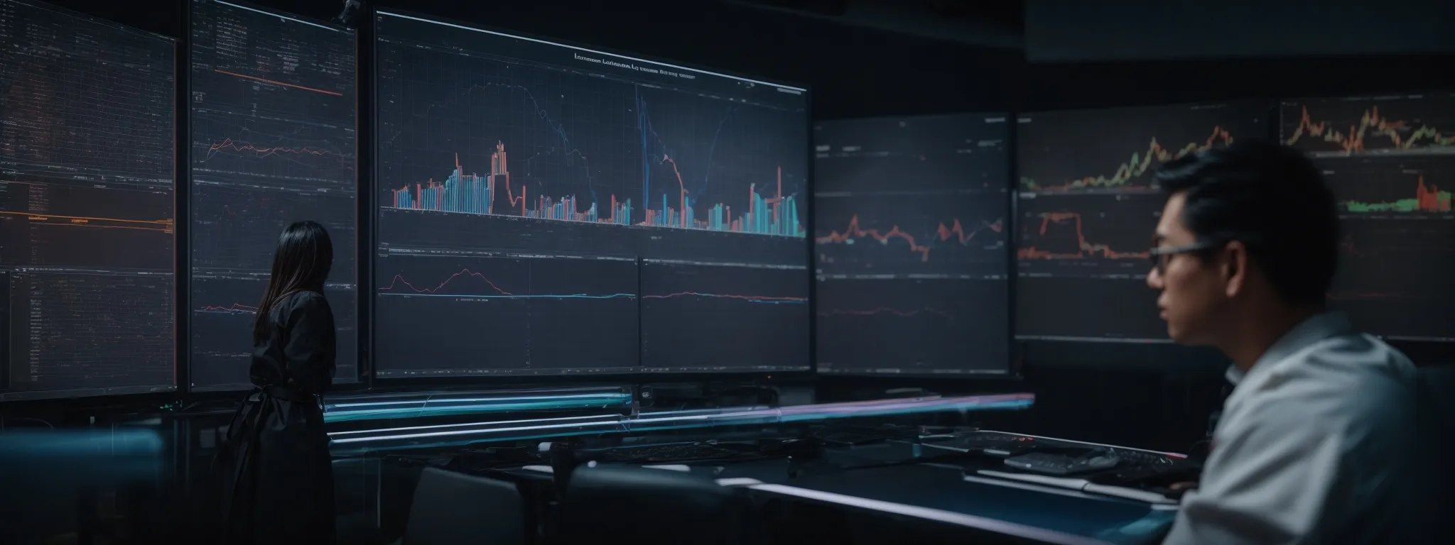a professional looking at a large, glowing ai interface with graphs and data analytics on screen.