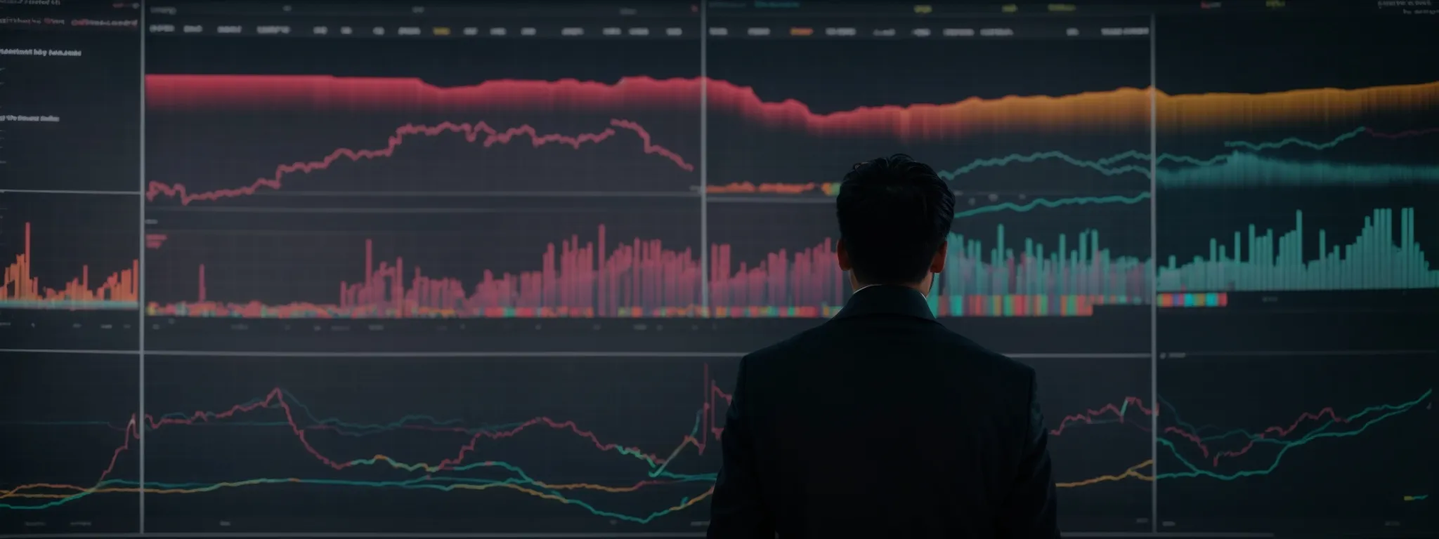 a focused individual examines a large screen with colorful data visualization charts reflecting user engagement metrics.