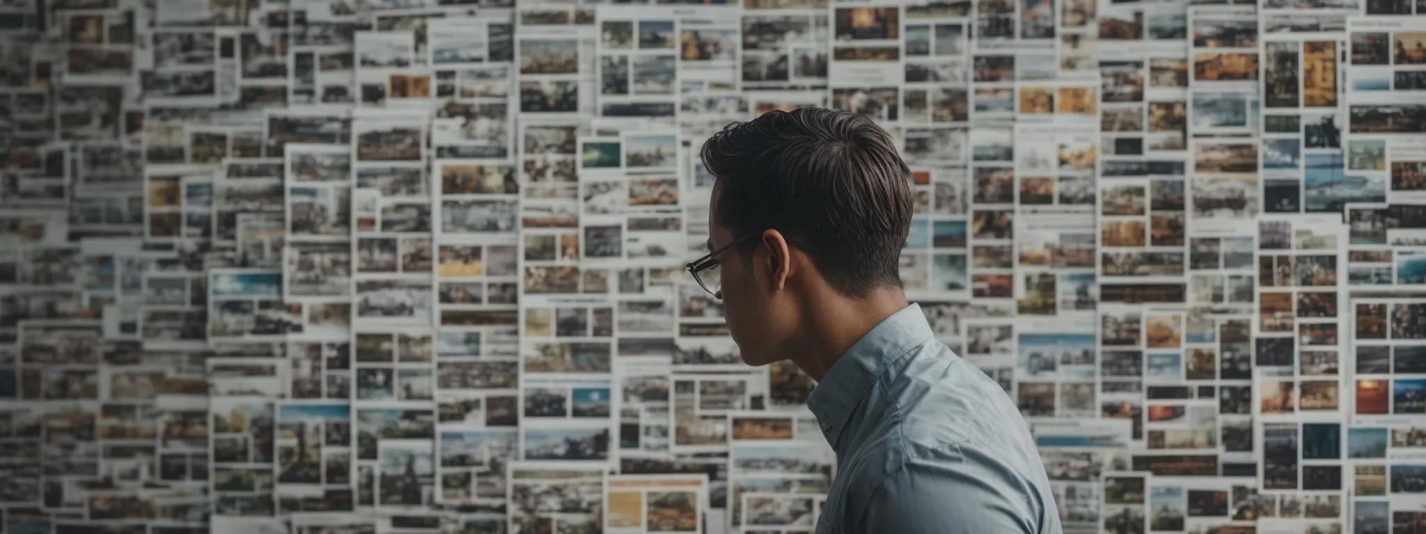 a frustrated website owner observes a wall of identical, indistinct posters, symbolizing confusing duplicate content.