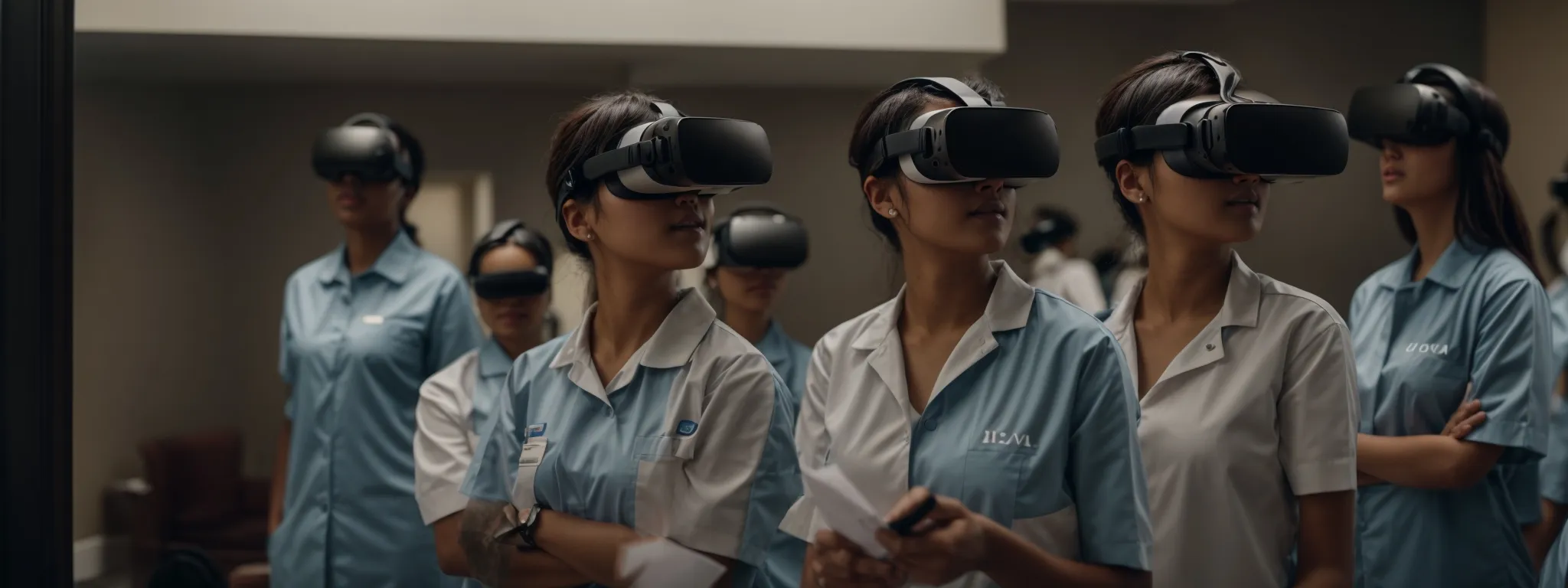 a group of hotel staff in uniforms are engaging with a vr training session, simulating customer interactions without any visible logos or text.