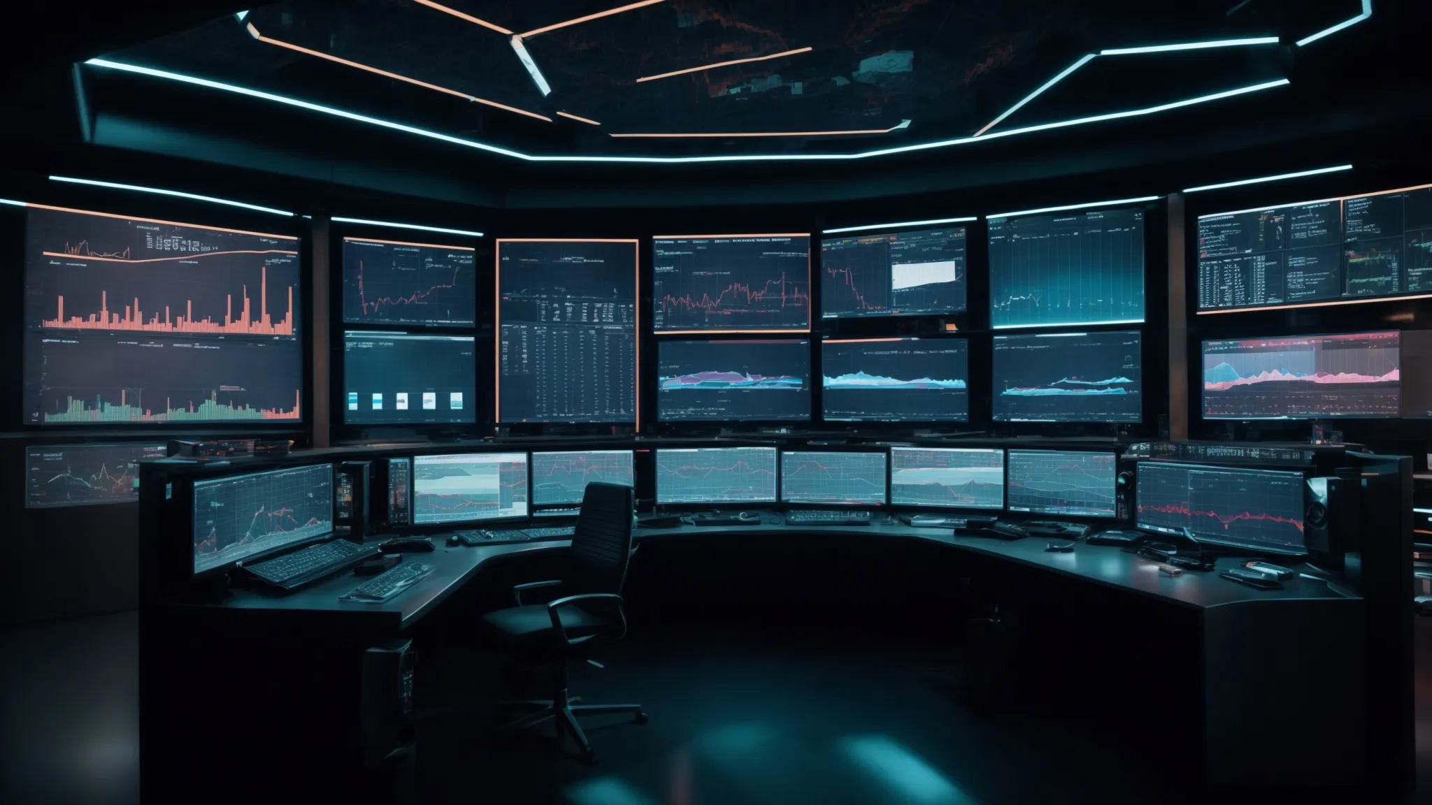 a futuristic control room with screens displaying various graphs and analytics data.
