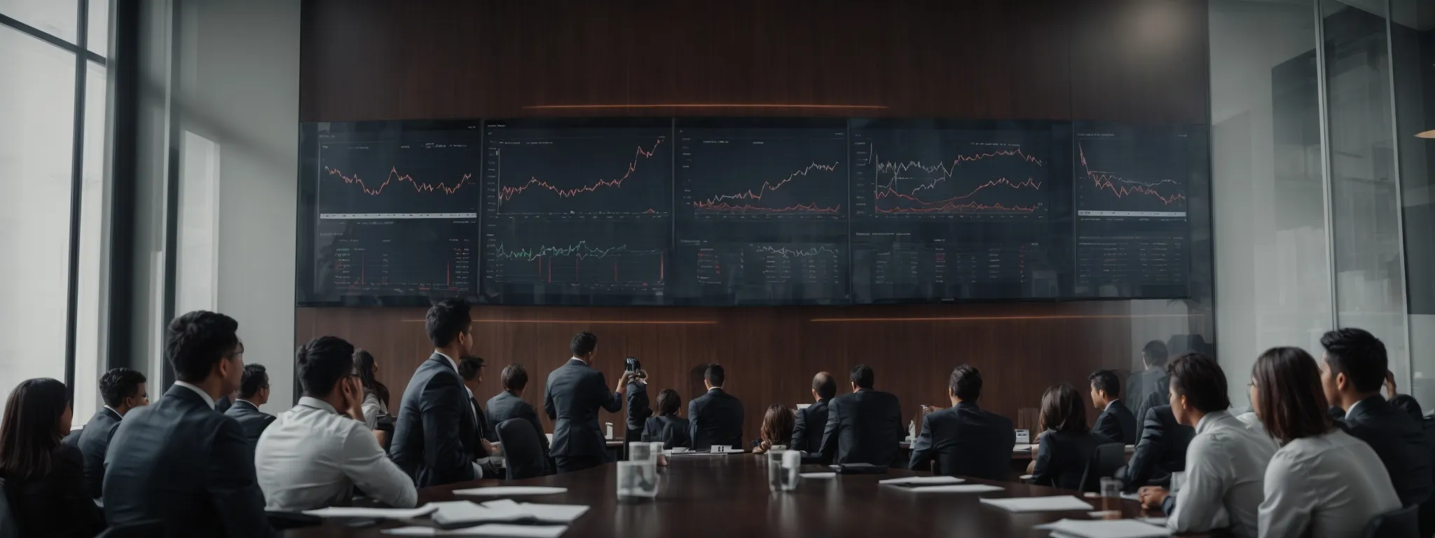 a group of professionals intently observe graphs on a large screen, showcasing growth trends in a modern conference room.