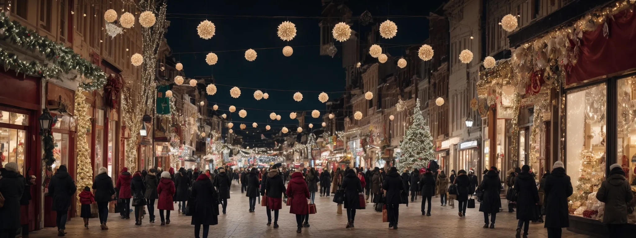 a bustling shopping district illuminated with festive lights and adorned with holiday decorations as shoppers pass by eye-catching storefront displays.