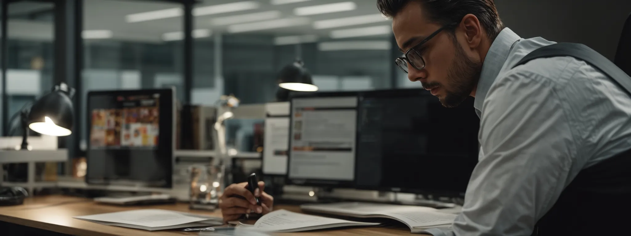 a focused individual intently reading content on a blog page displayed on a computer screen in a bright, organized office setting.