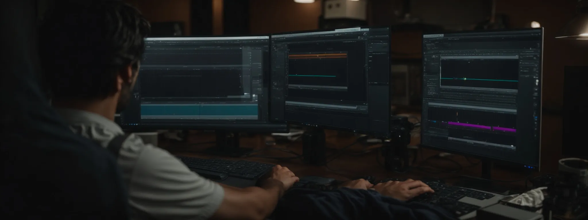a filmmaker edits footage on a computer using advanced video editing software with a clutter-free interface.