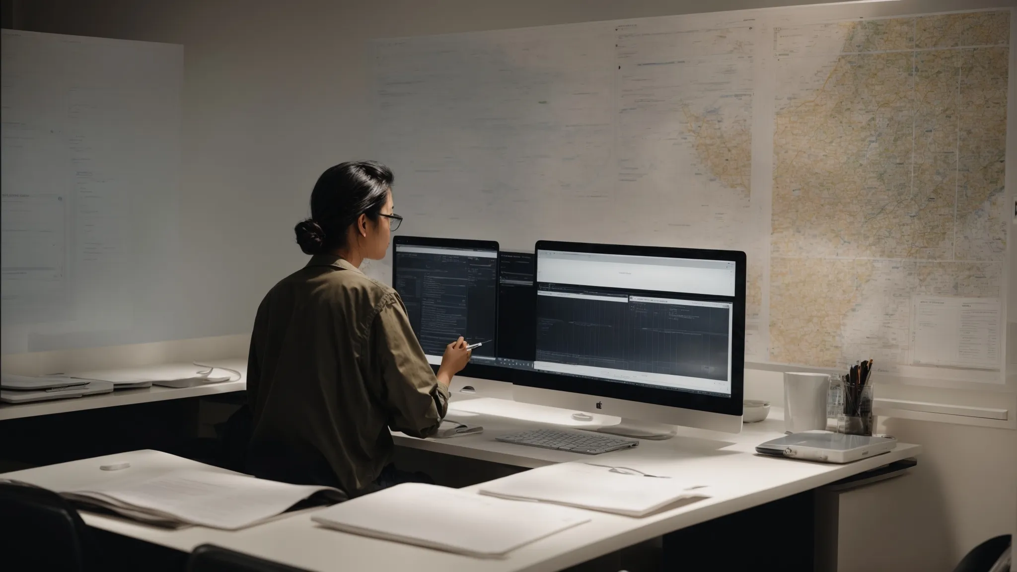 a person sitting at a desk with a computer, analyzing a clearly structured sitemap on the screen.