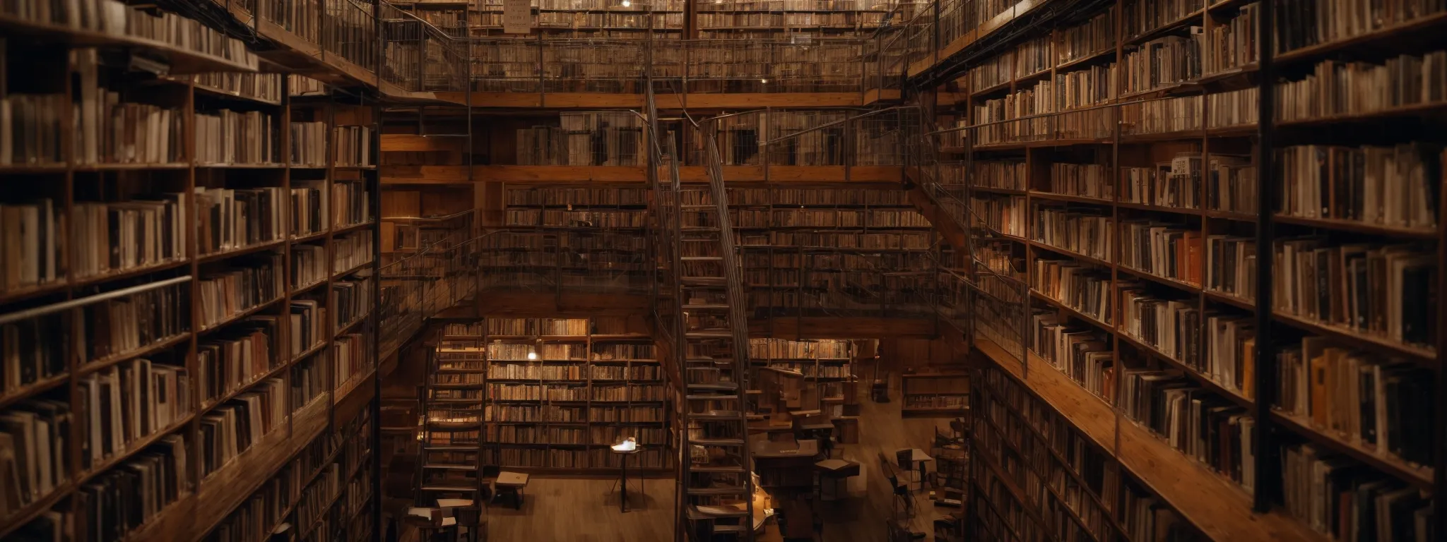 a vast library with overcrowded shelves sagging under the weight of too many books, some stacked carelessly on the floor.