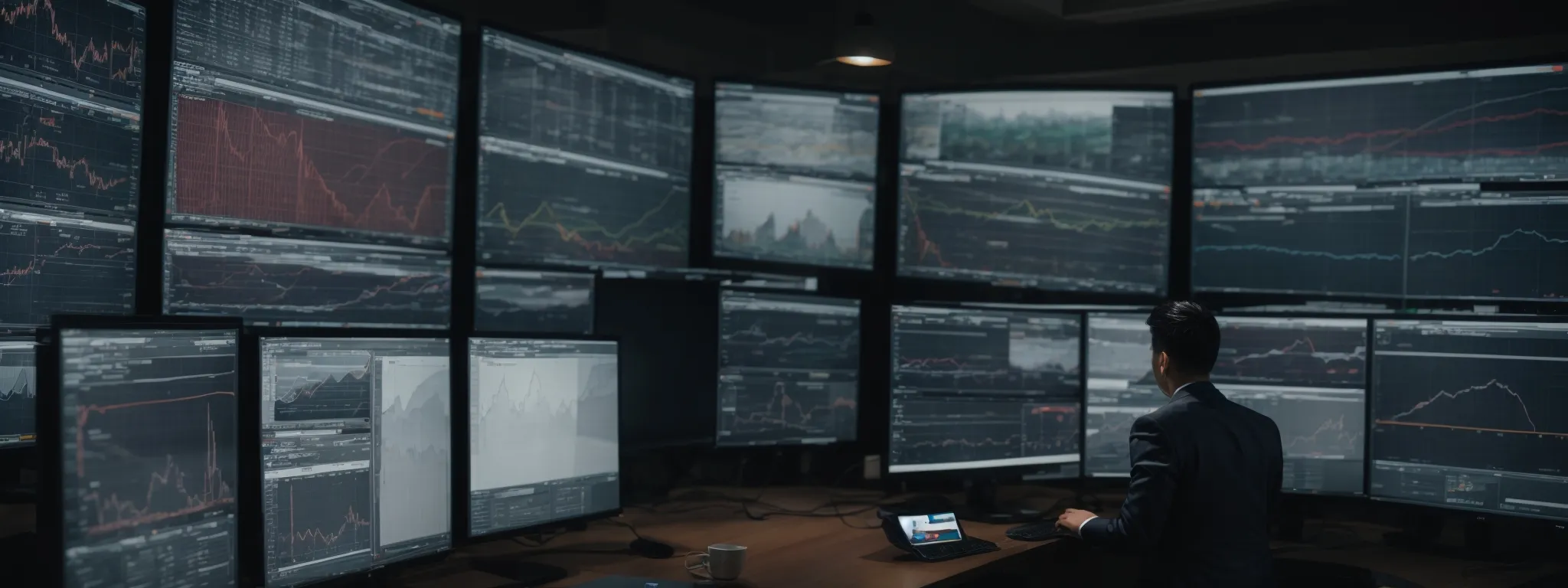 a marketer analyzes video analytics on a large screen showcasing a variety of video thumbnails and traffic graphs.