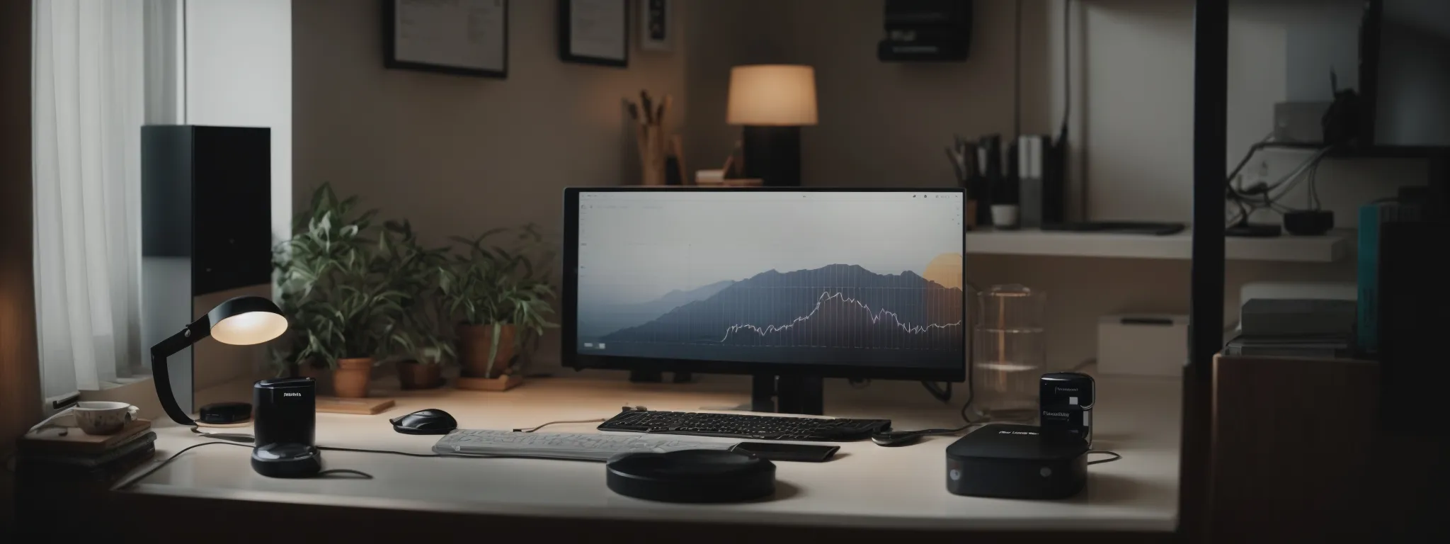 a modern home office with a person speaking to a smart speaker on a desk while reviewing analytics on a computer screen.