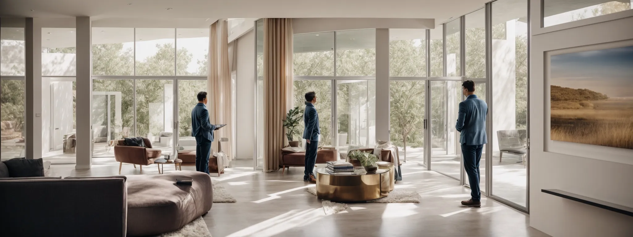 a homeowner scans through a showroom featuring an array of sleek, modern windows and doors, showcasing various design styles and finishes.