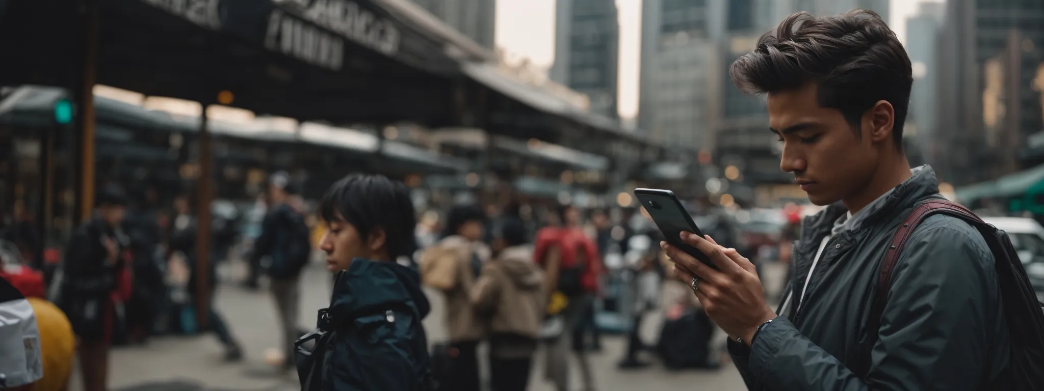 a focused individual intently browsing a website on a smartphone amidst a bustling urban setting.