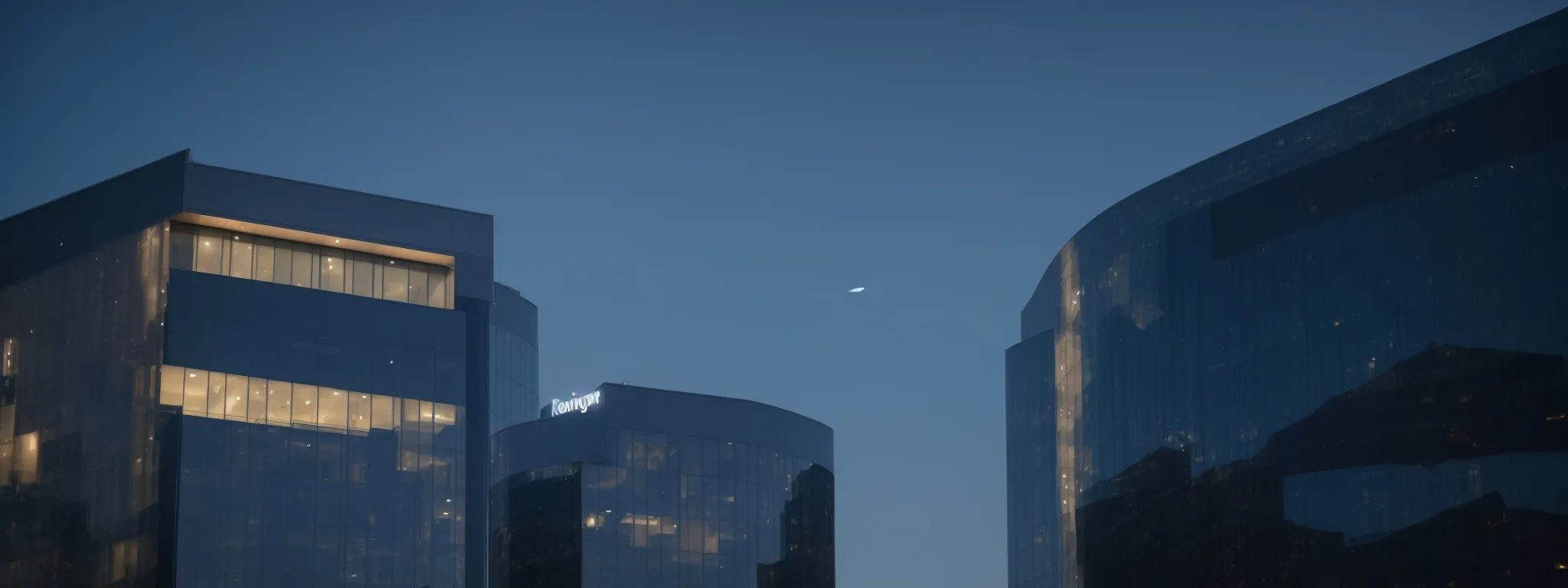 two corporate buildings with the logos of rank ranger and similarweb illuminated on their facades as they stand side by side under a clear sky.