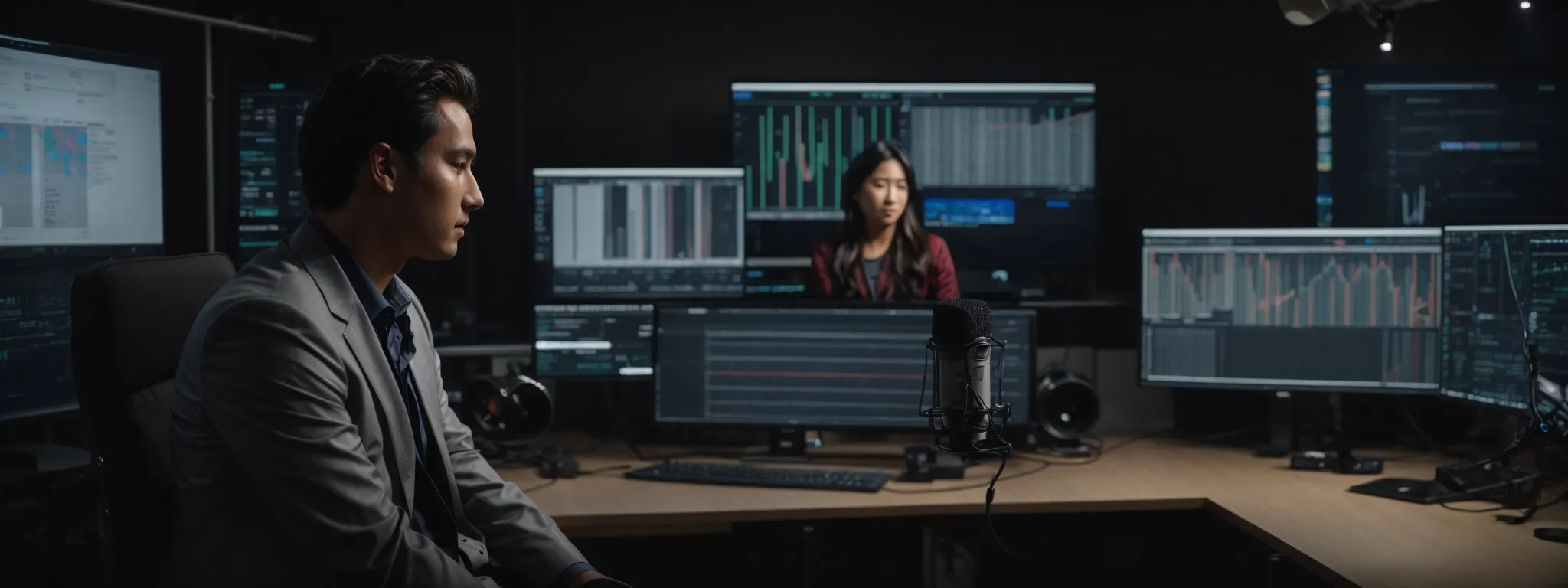 a podcast host interviewing a prominent industry expert in a modern studio with computer screens displaying data analytics and sound equipment in the background.