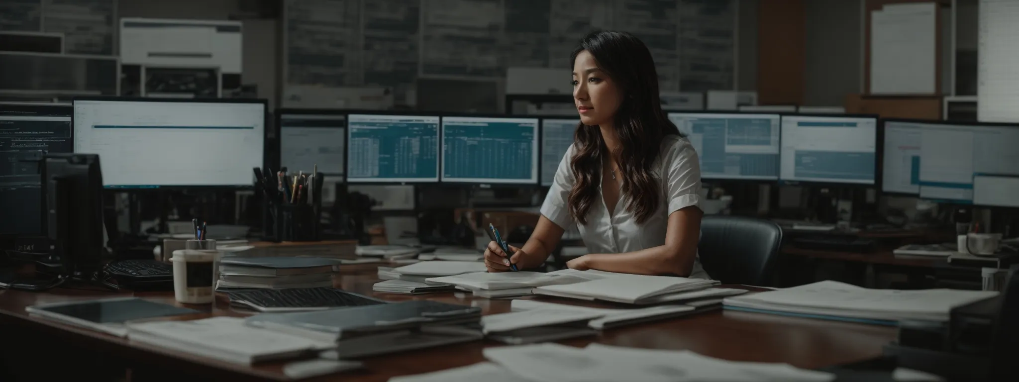 a woman sits at a spacious office desk, surrounded by marketing strategy books and a computer with data analytics on the screen.