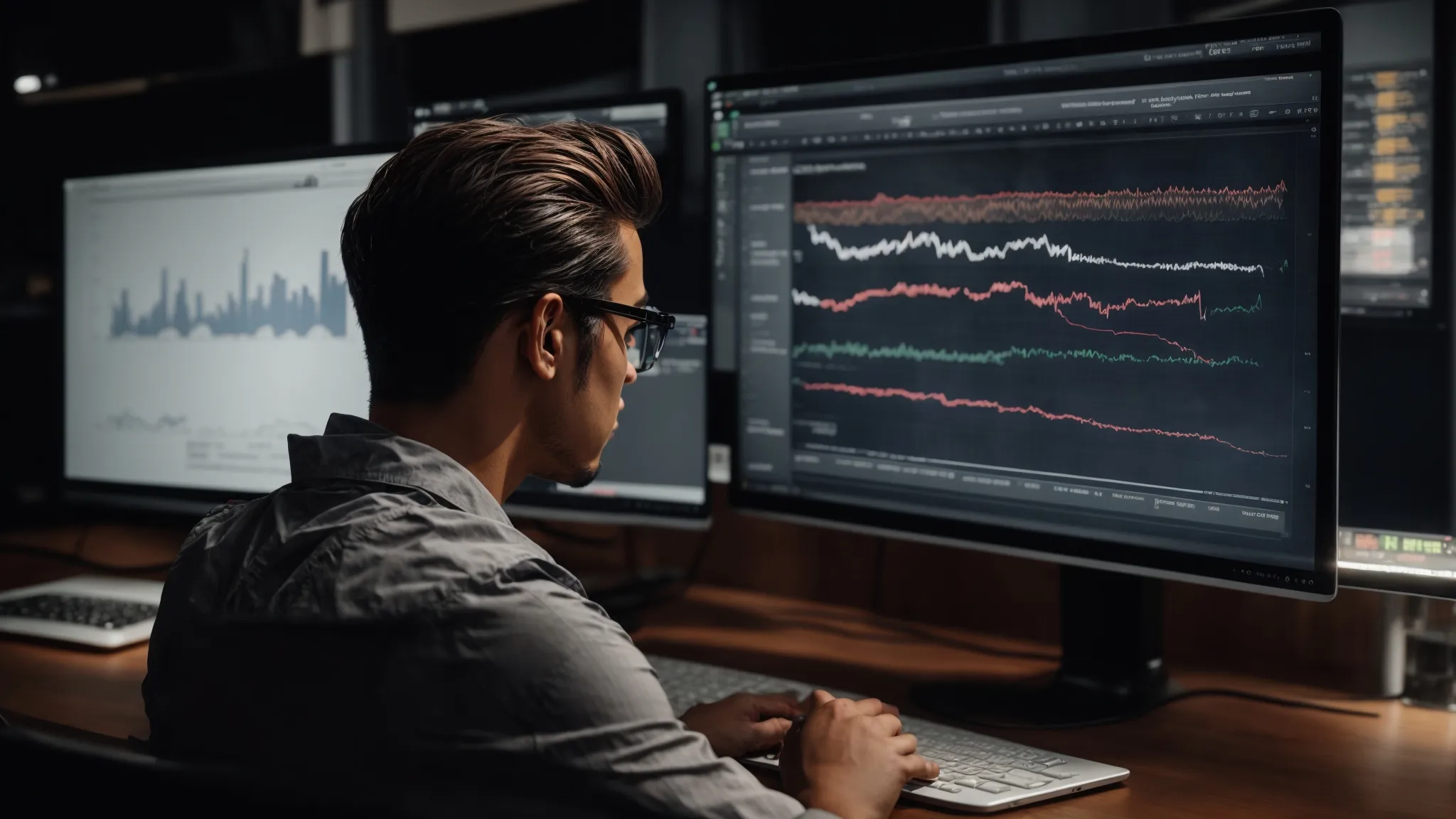 a marketer studies graphs on a computer screen, showing trends in both paid and organic search traffic for specific keywords.