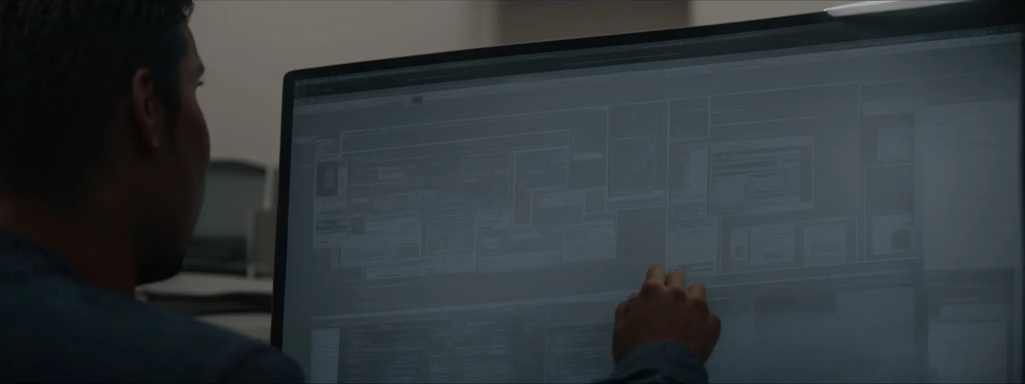a person examines a wireframe layout on a computer screen, considering the flow of a website user's journey.