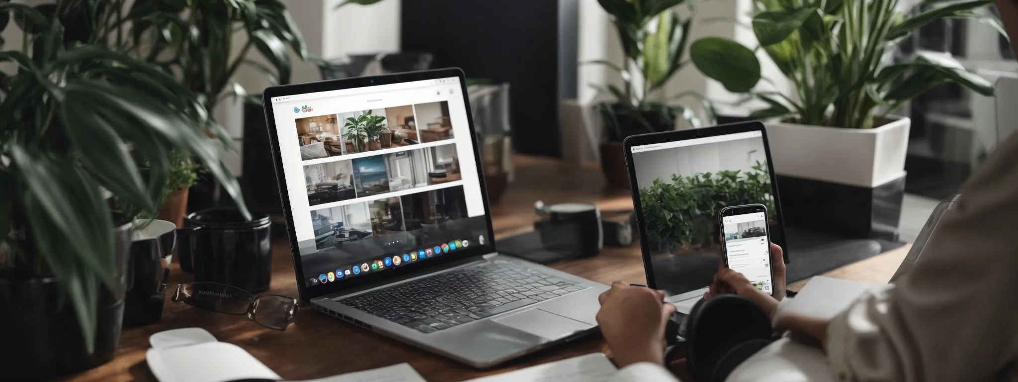 a person is using a smartphone to search online while sitting at a modern desk adorned with digital marketing books and a houseplant, symbolizing an seo strategist planning for google multisearch optimization.