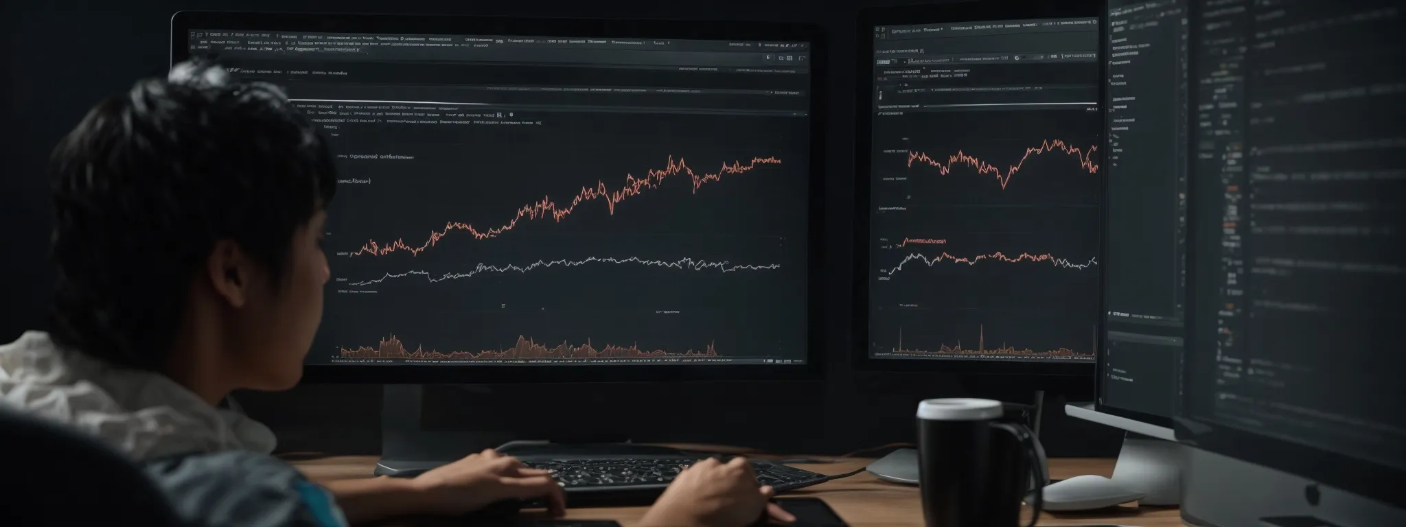 a web developer analyzes graphs on a computer screen depicting website navigation metrics and user engagement over time.