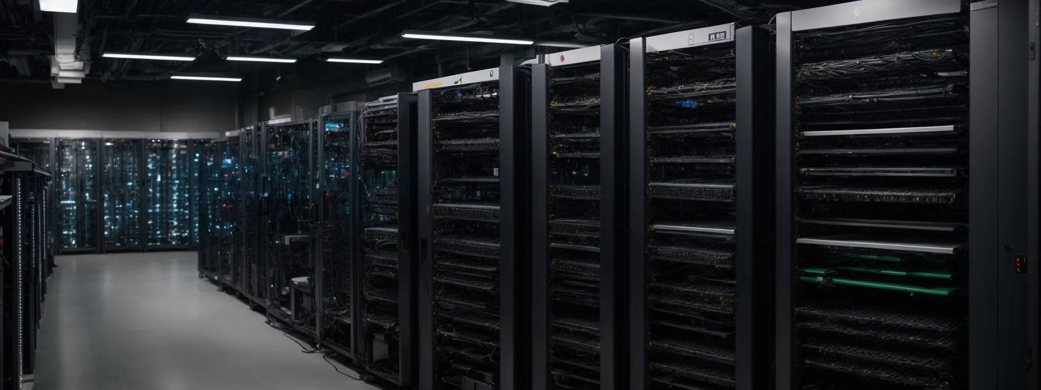 a server room with rows of modern, organized equipment illustrating the infrastructure of a technically optimized website.