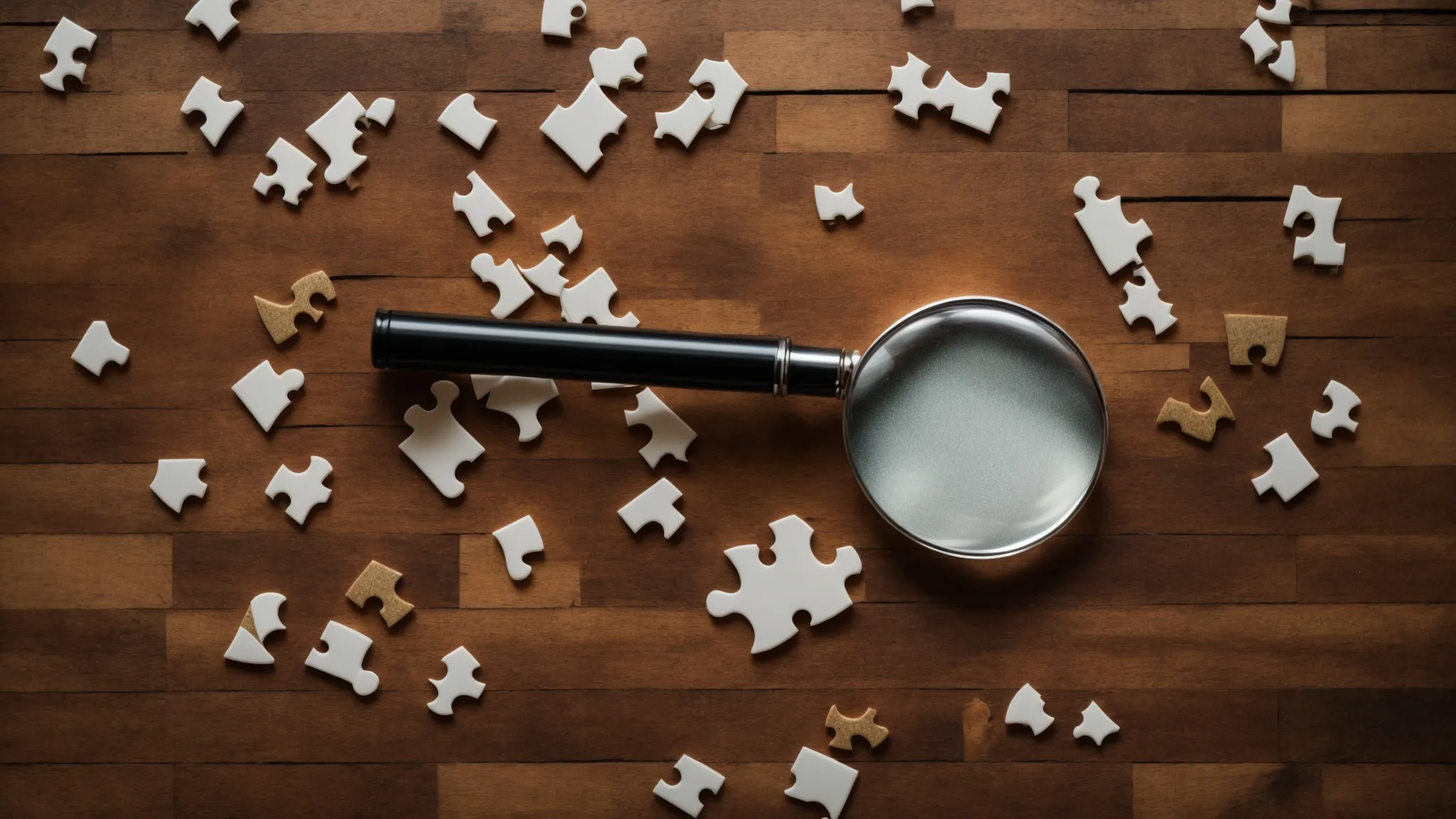 a magnifying glass hovering over a puzzle piece amidst others, symbolizing targeted keyword strategy and search optimization.