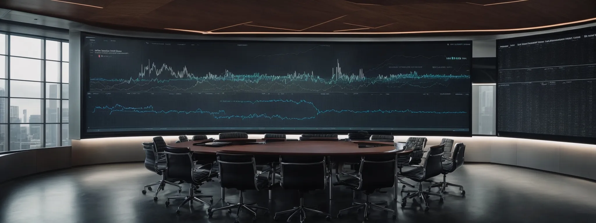 a conference room with a large screen displaying graphs and metrics related to search engine optimization trends.