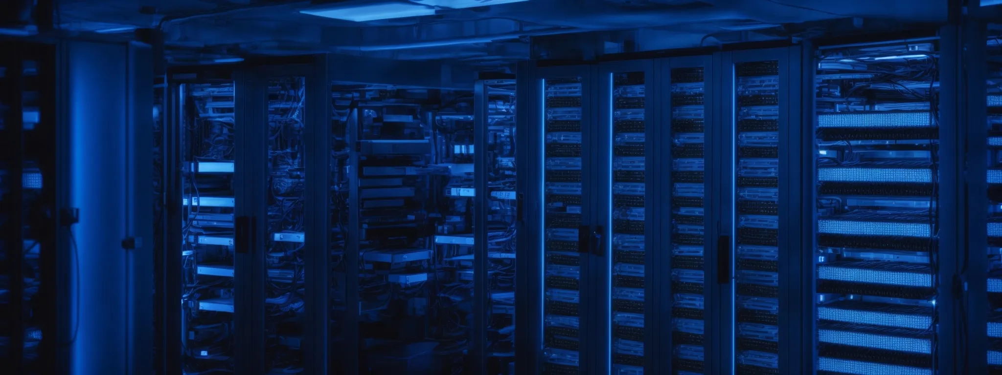 a server room with rows of cabinets housing data storage equipment under blue lights.