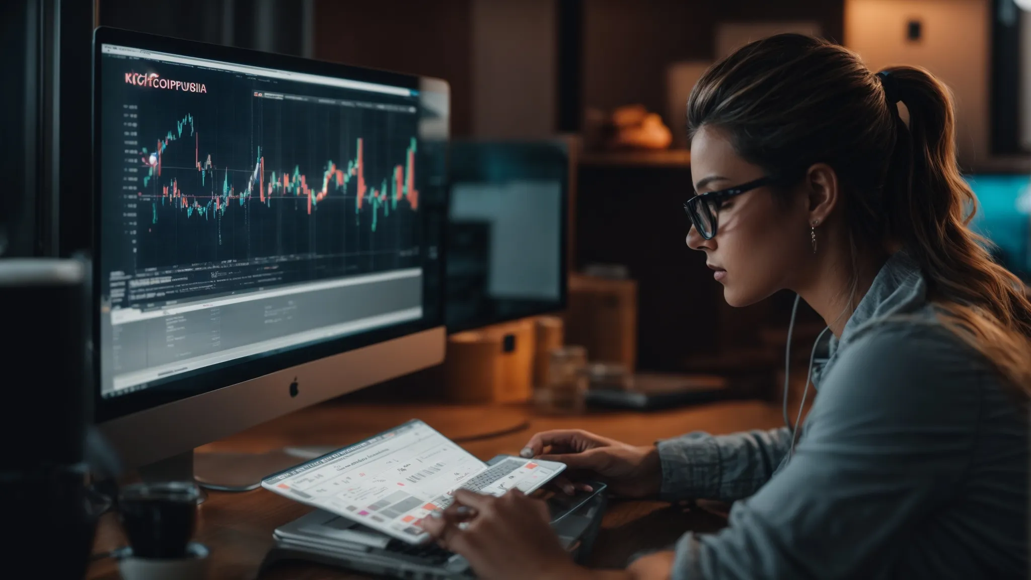 a digital marketer scrutinizes a vibrant display of keyword analytics on a computer screen, strategizing to target a niche audience.