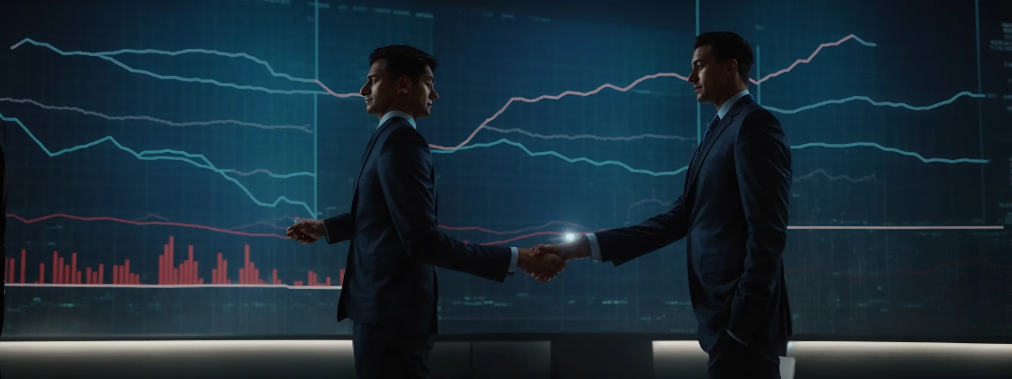 two corporate executives shaking hands in front of a large digital screen displaying bar graphs trend upward, symbolizing strategic growth.