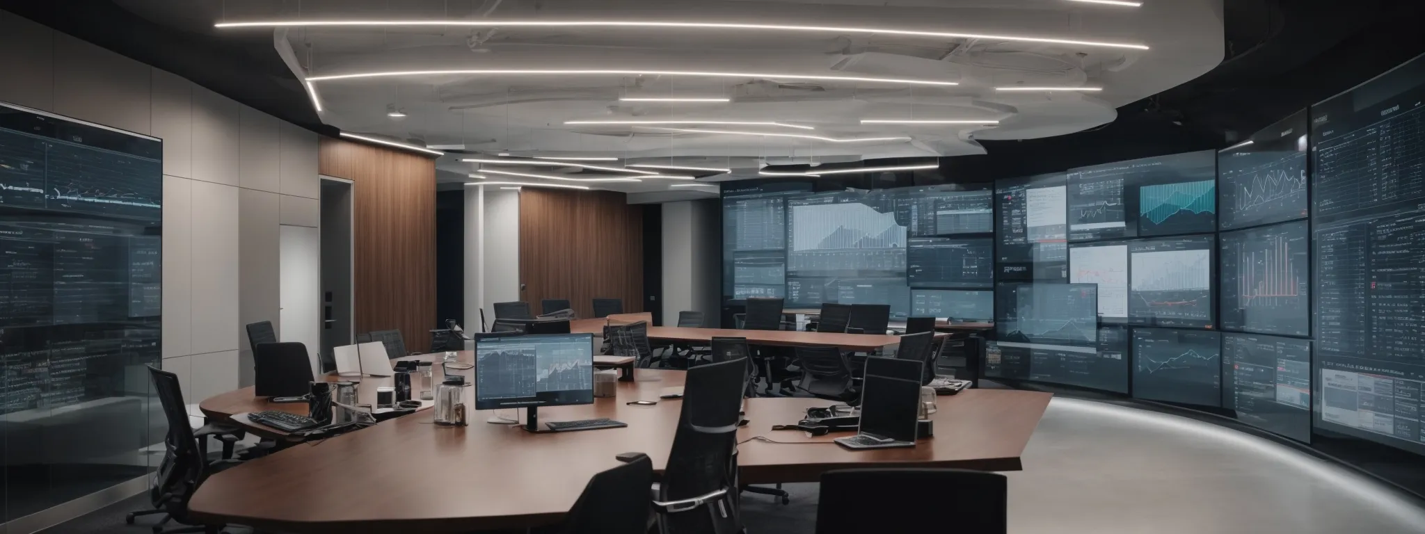 a modern office meeting room with a large digital screen displaying graphs and analytics data.