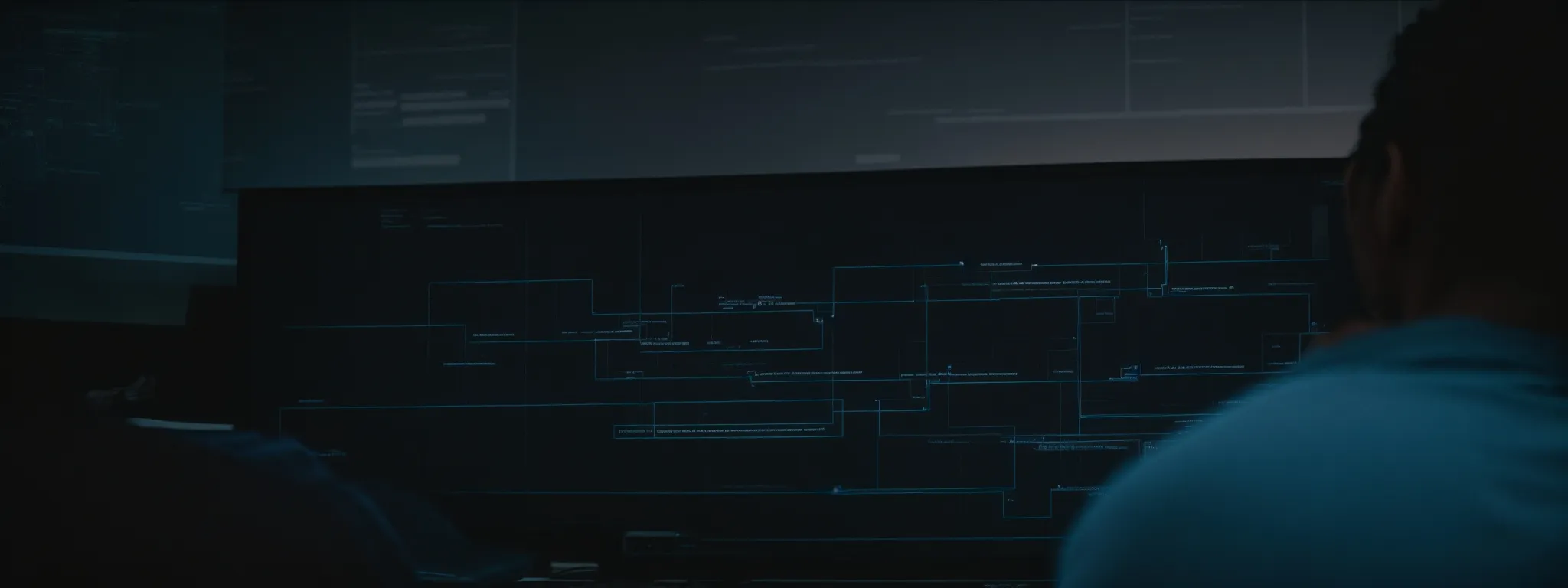 a person sitting at a computer analyzing a flowchart representing a website's structure.