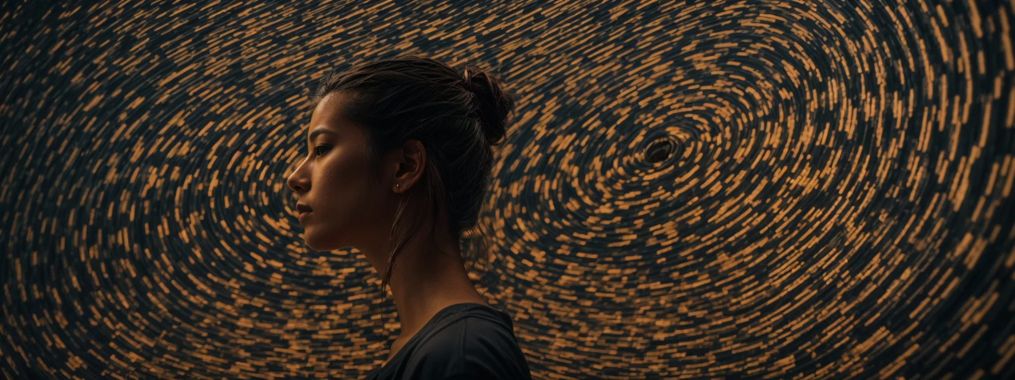 a person staring thoughtfully at a swirling pattern representing the complexity of search query types.