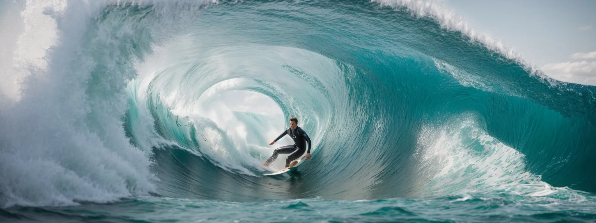 a surfer rides a towering ocean wave embodying the fluid momentum of harnessing popular trends on tiktok.