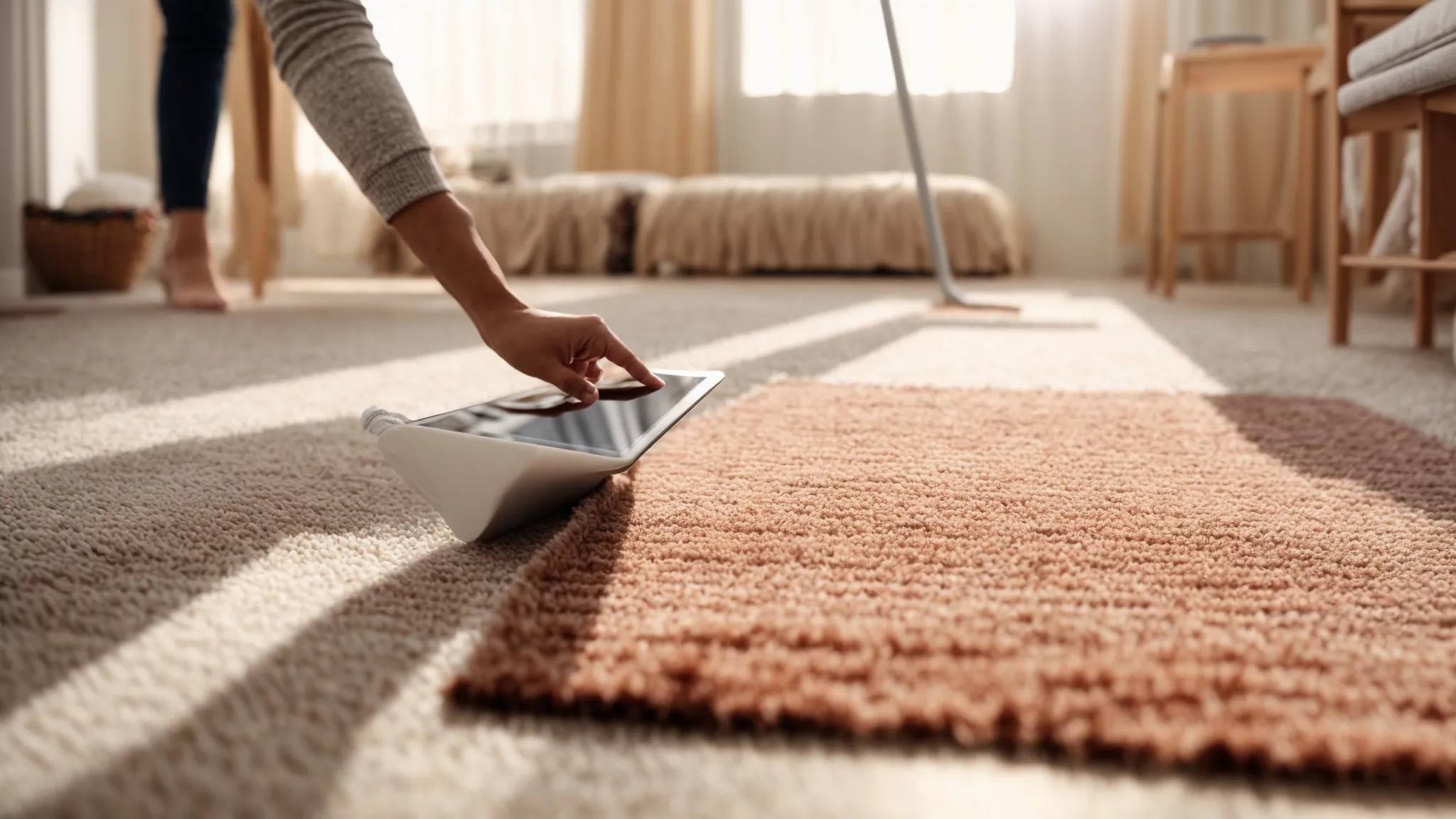 a person views a clean, bright carpet in a well-lit room while browsing on a tablet.