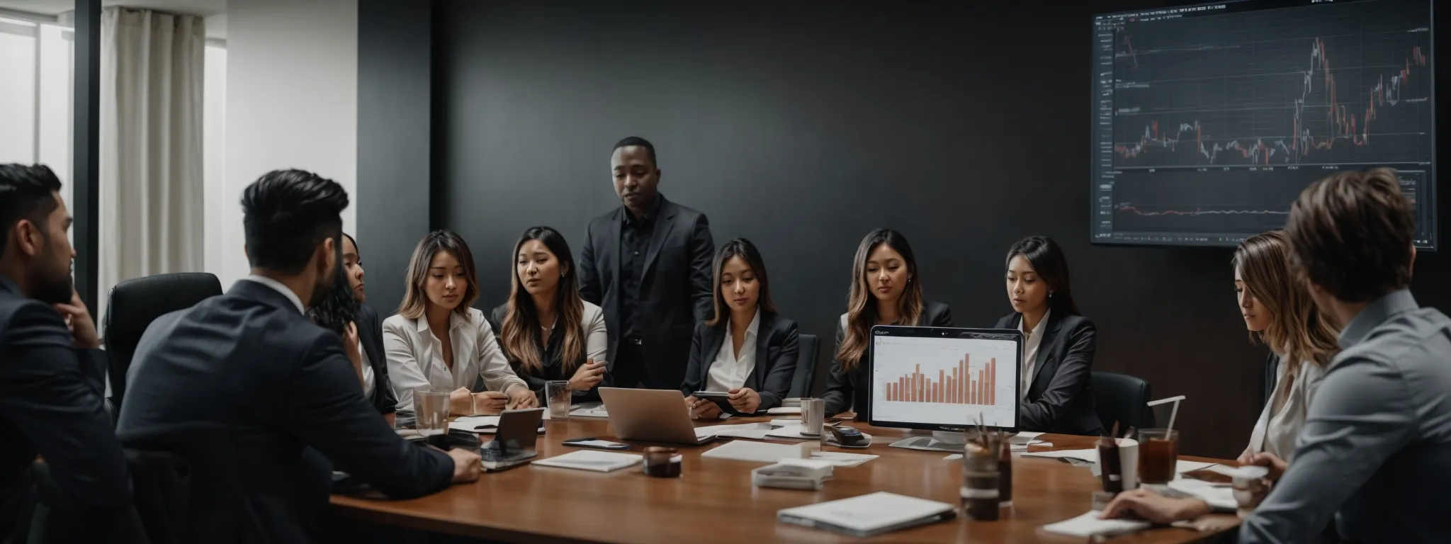 a digital marketing team gathers around a conference table with graphs on a screen, demonstrating the progress and impact of their seo strategies.