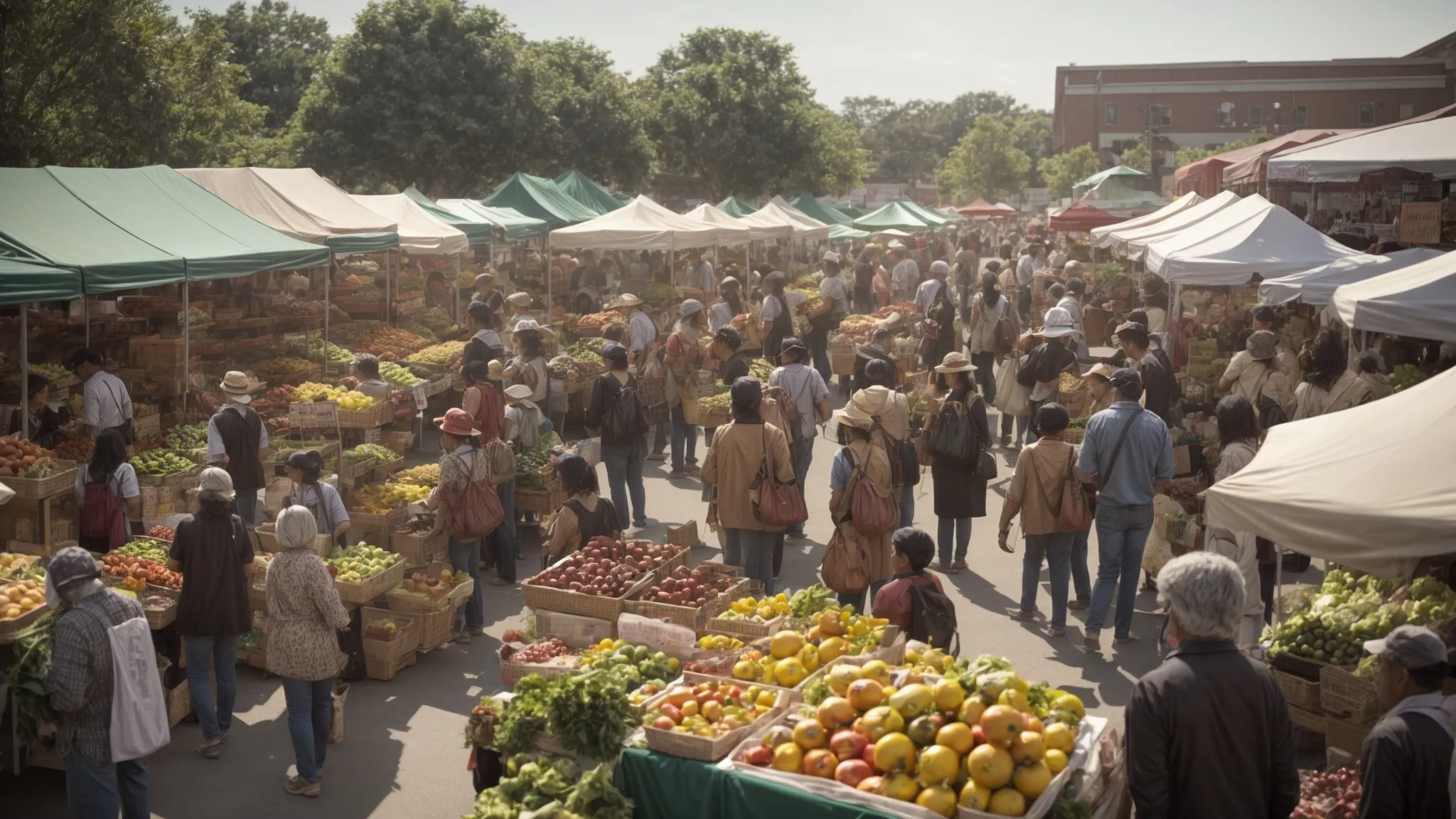 a bustling local farmers market with vendors displaying fresh produce to a diverse group of engaged shoppers.